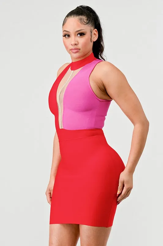 Two Tone Contrast Mini Bandage Dress With Front Mesh Detail