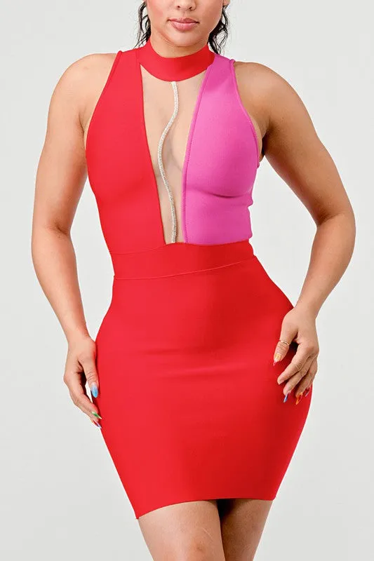 Two Tone Contrast Mini Bandage Dress With Front Mesh Detail