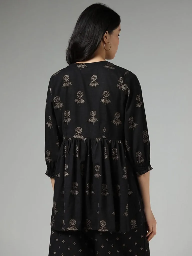 Utsa Black Floral Printed Cotton Gathered Tunic