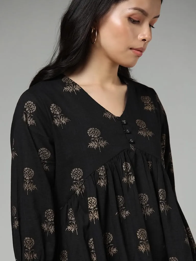 Utsa Black Floral Printed Cotton Gathered Tunic