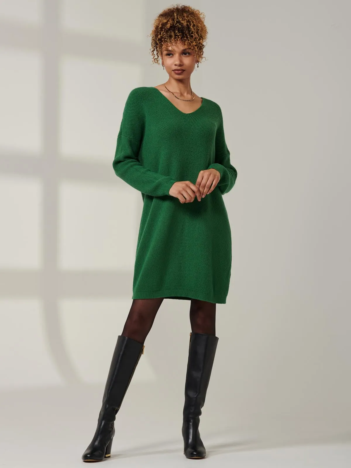 V-Neck Ribbed Knit Tunic Jumper, Green