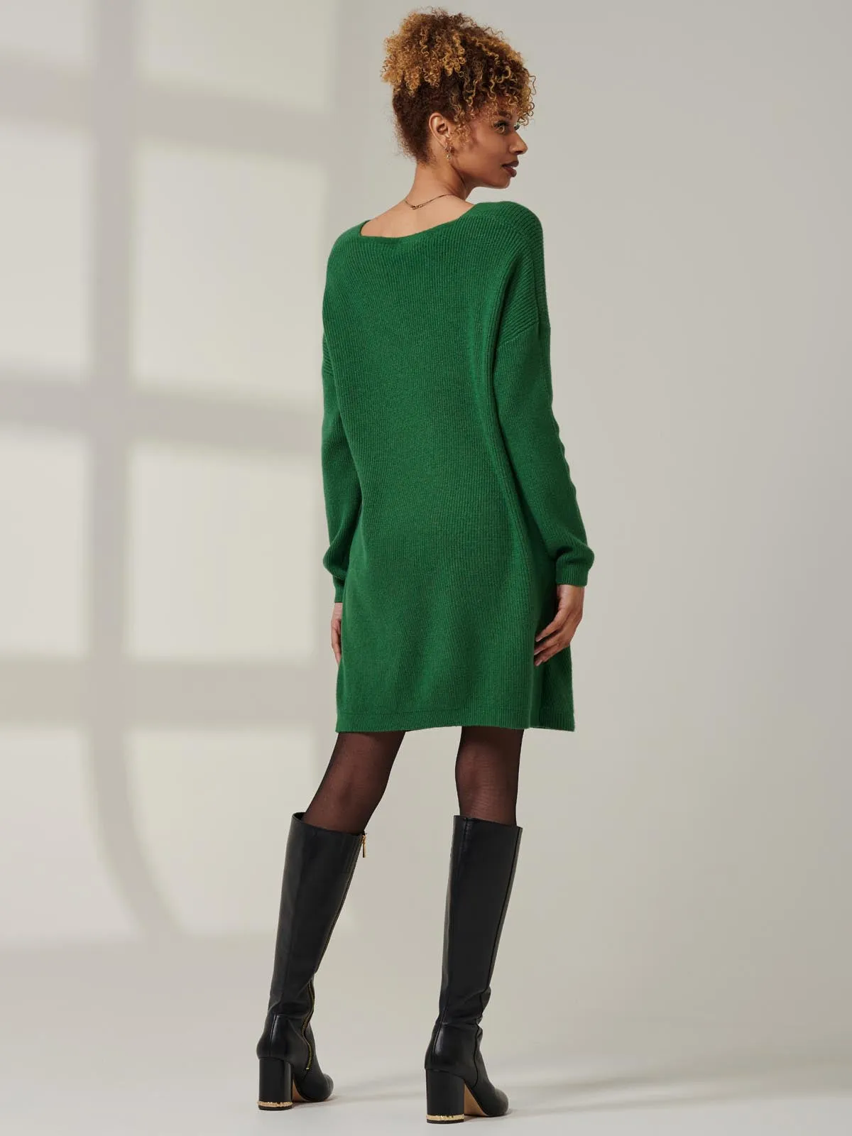 V-Neck Ribbed Knit Tunic Jumper, Green