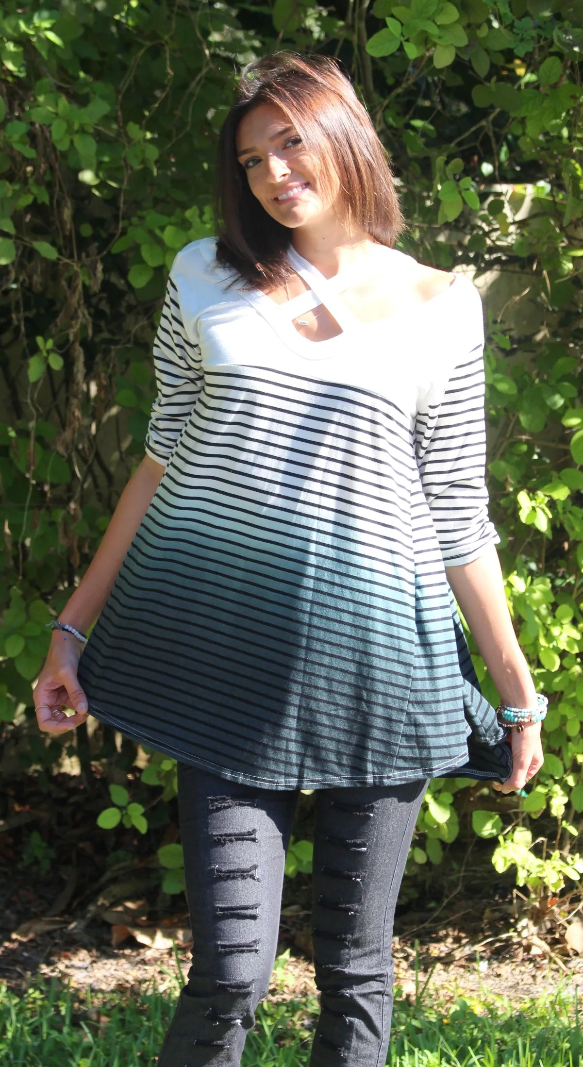 Washed Ombre Striped Tunic, Ivory