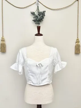 White Edwardian inspired Ruffle Sleeve Crop Blouse with Sweetheart Neckline - Size L