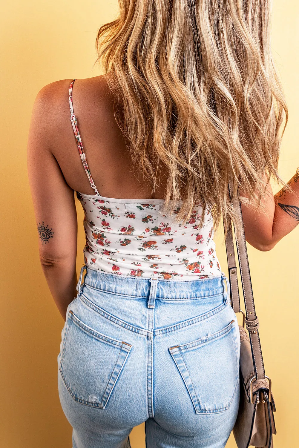 White Floral V Cut Frilled Trim Spaghetti Straps Bodysuit: Effortless Elegance Meets Playful Charm