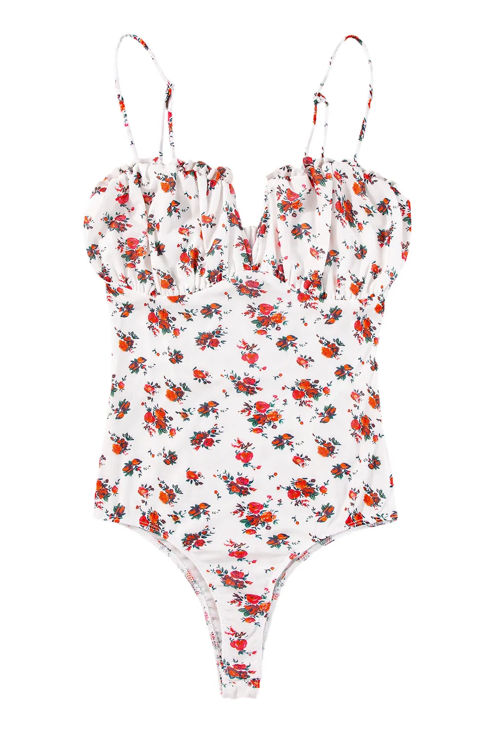 White Floral V Cut Frilled Trim Spaghetti Straps Bodysuit: Effortless Elegance Meets Playful Charm