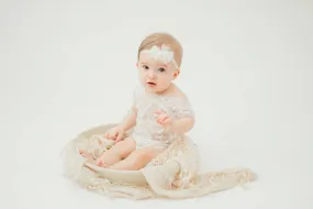 White Lace V-Back Newborn Romper with Ties