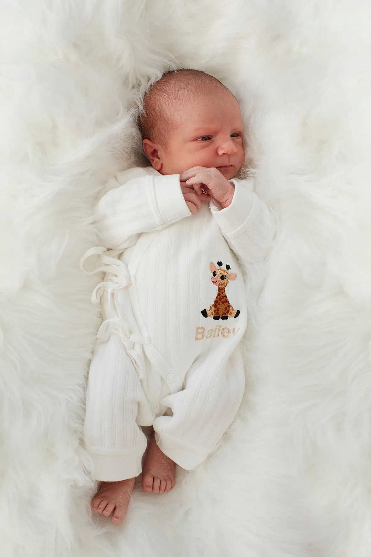 White Ribbed Embroidered Giraffe Baby Romper