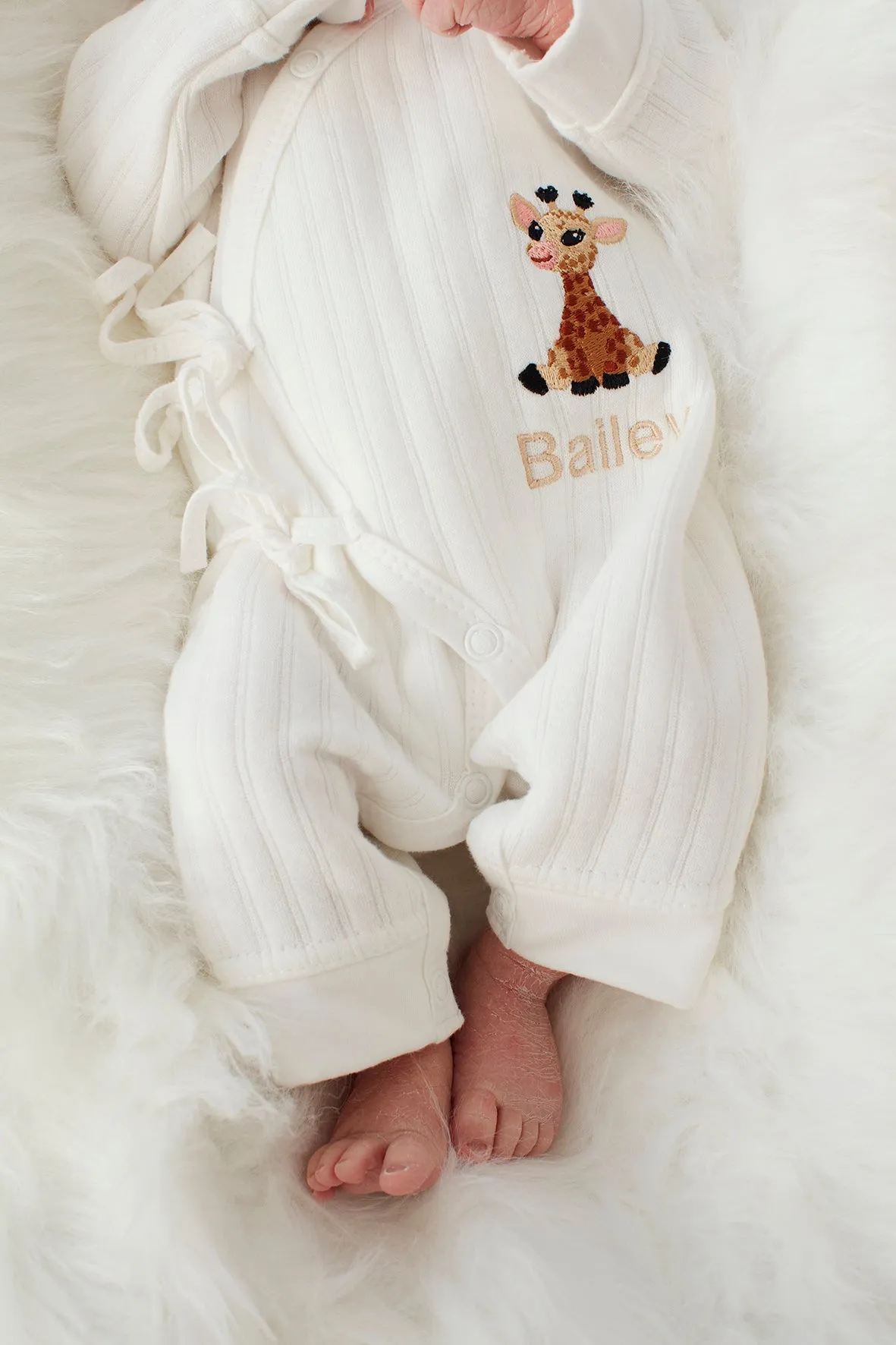 White Ribbed Embroidered Giraffe Baby Romper