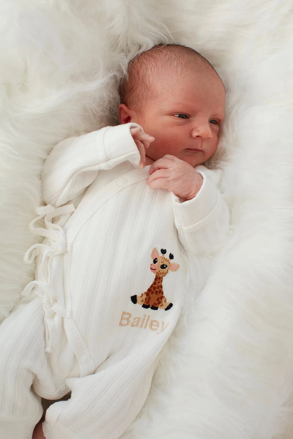 White Ribbed Embroidered Giraffe Baby Romper