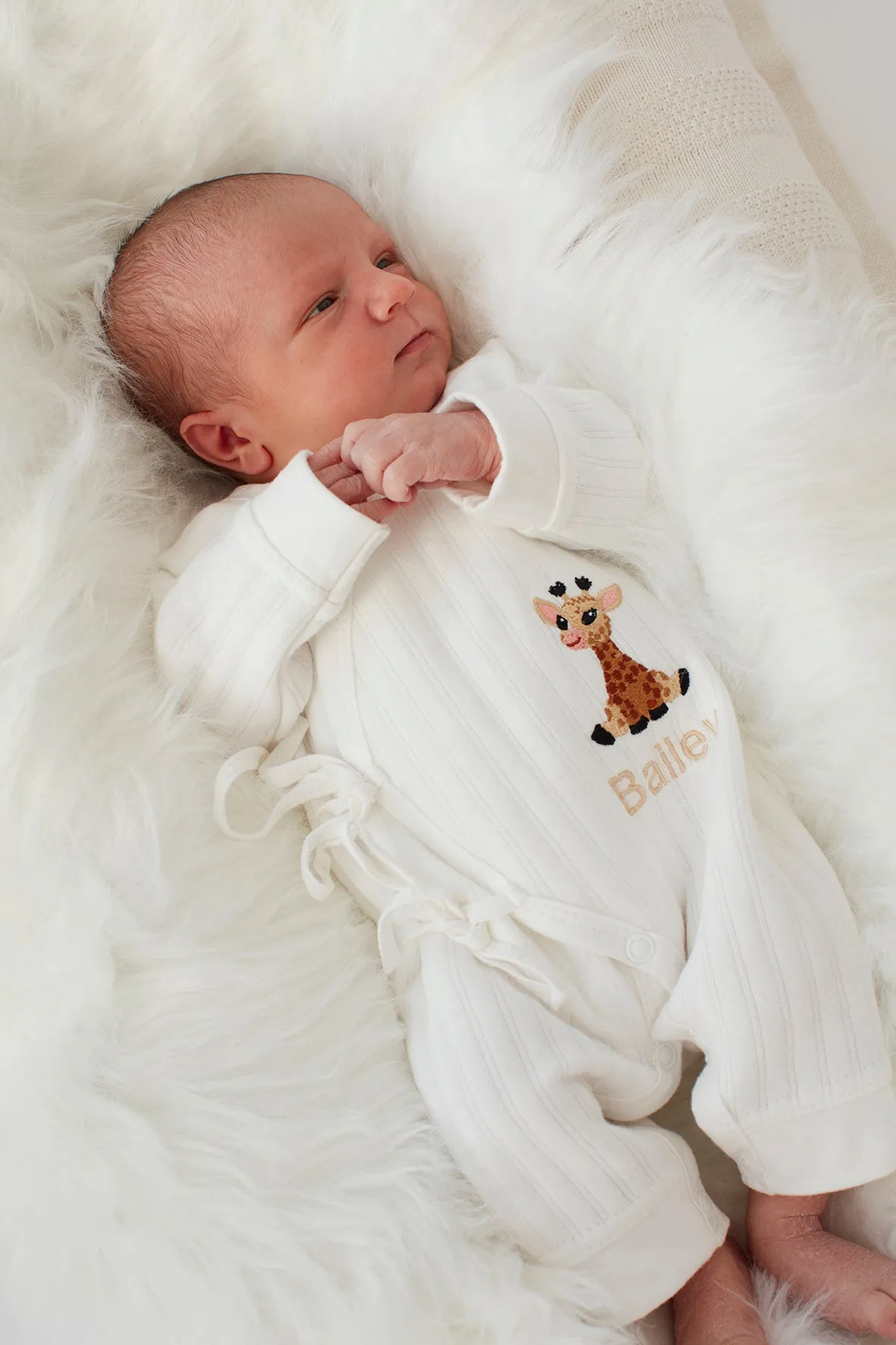 White Ribbed Embroidered Giraffe Baby Romper