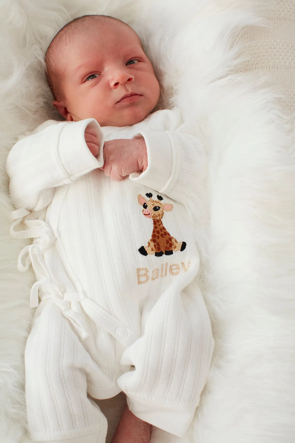 White Ribbed Embroidered Giraffe Baby Romper