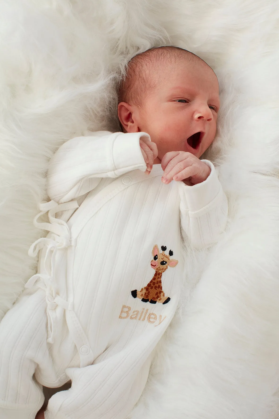 White Ribbed Embroidered Giraffe Baby Romper