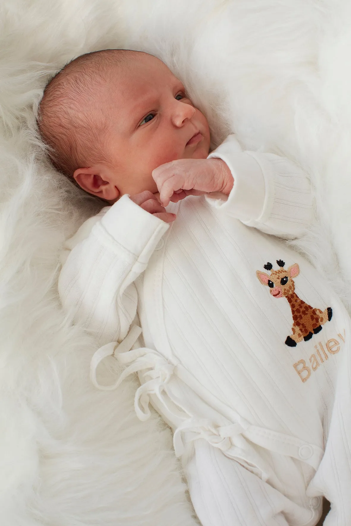 White Ribbed Embroidered Giraffe Baby Romper