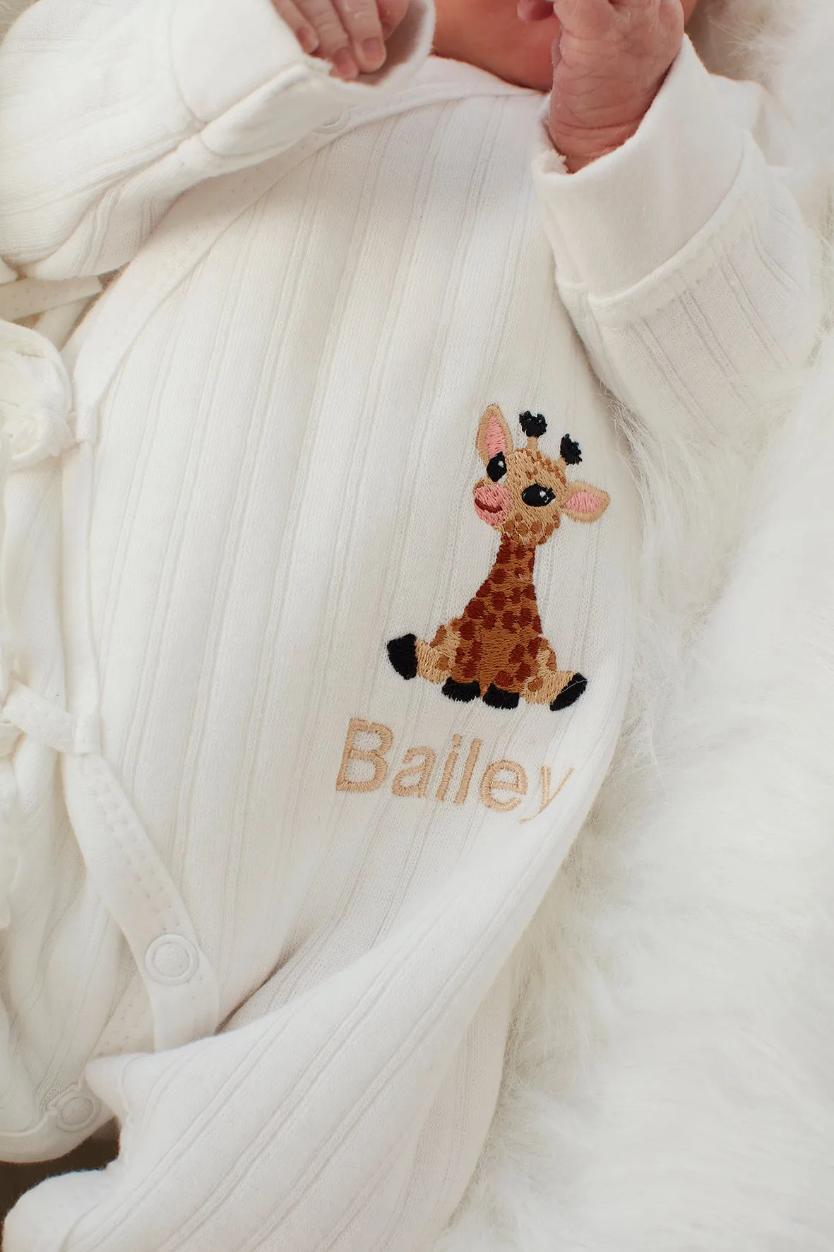 White Ribbed Embroidered Giraffe Baby Romper