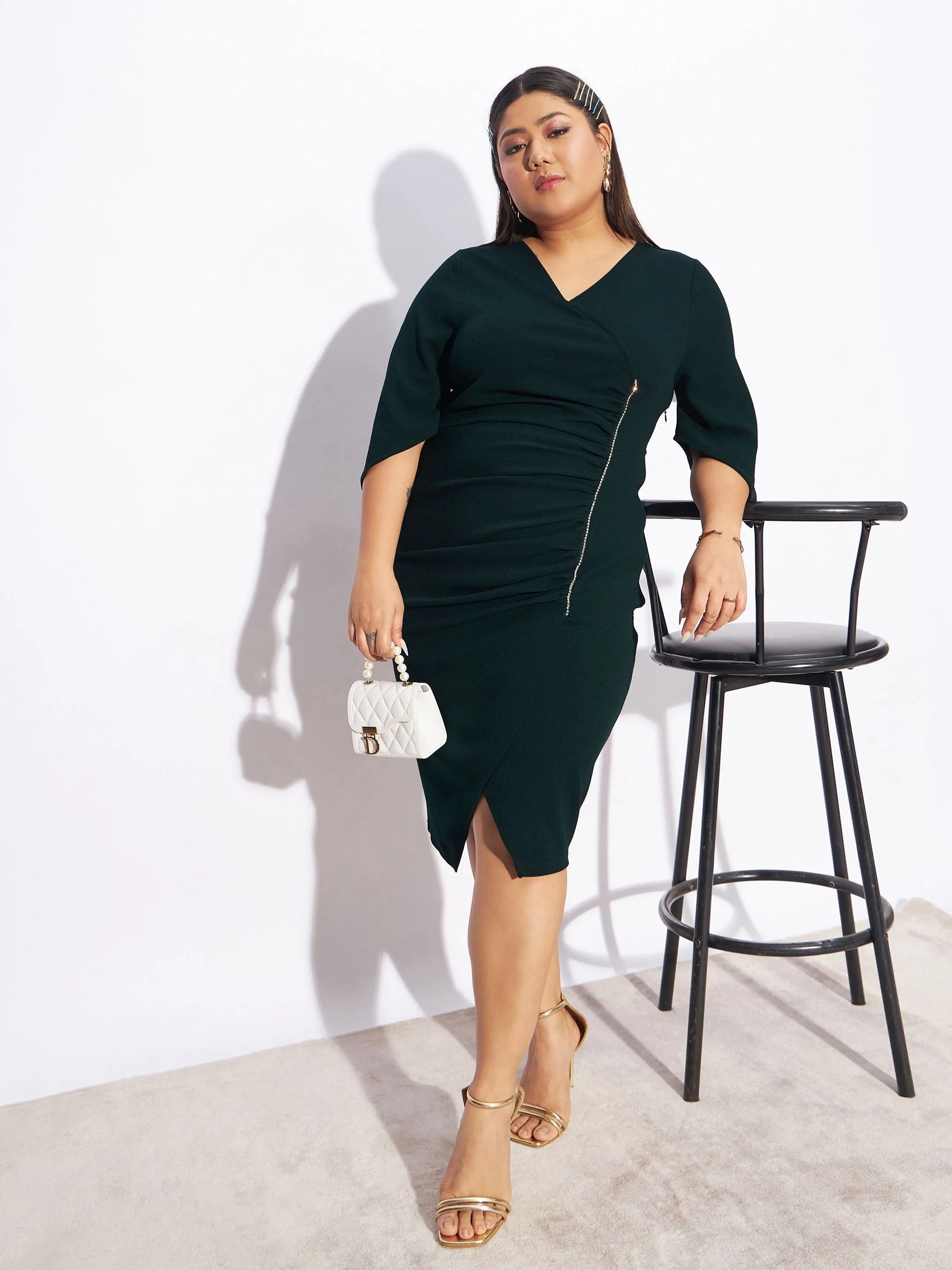 Women Emerald Green Ruching Detail Bodycon Dress