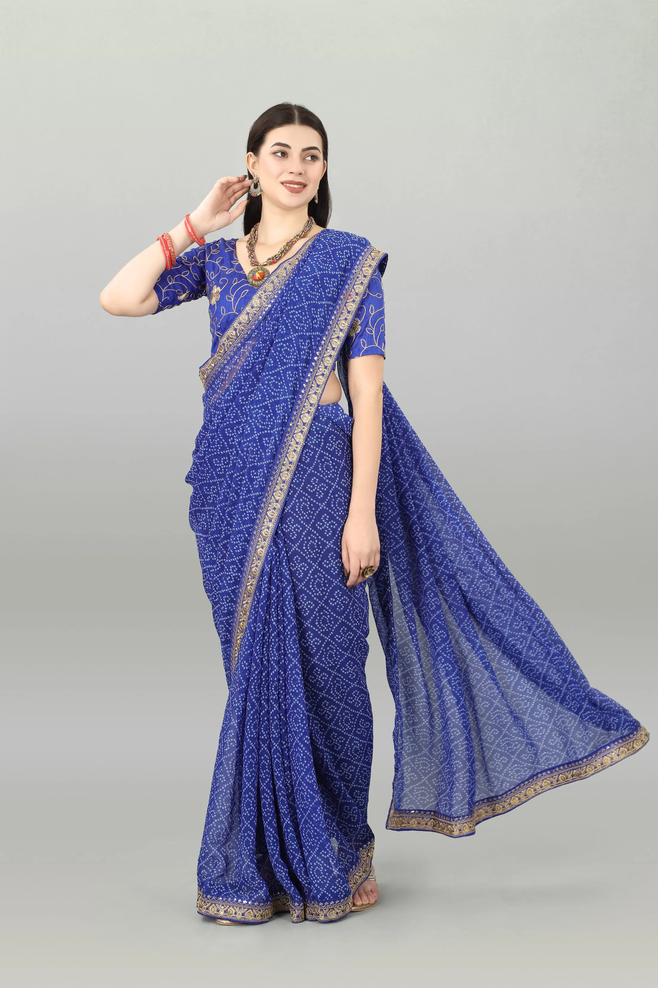 Women Party Wear Bandhani Printed Blue Colour Georgette Saree Collection