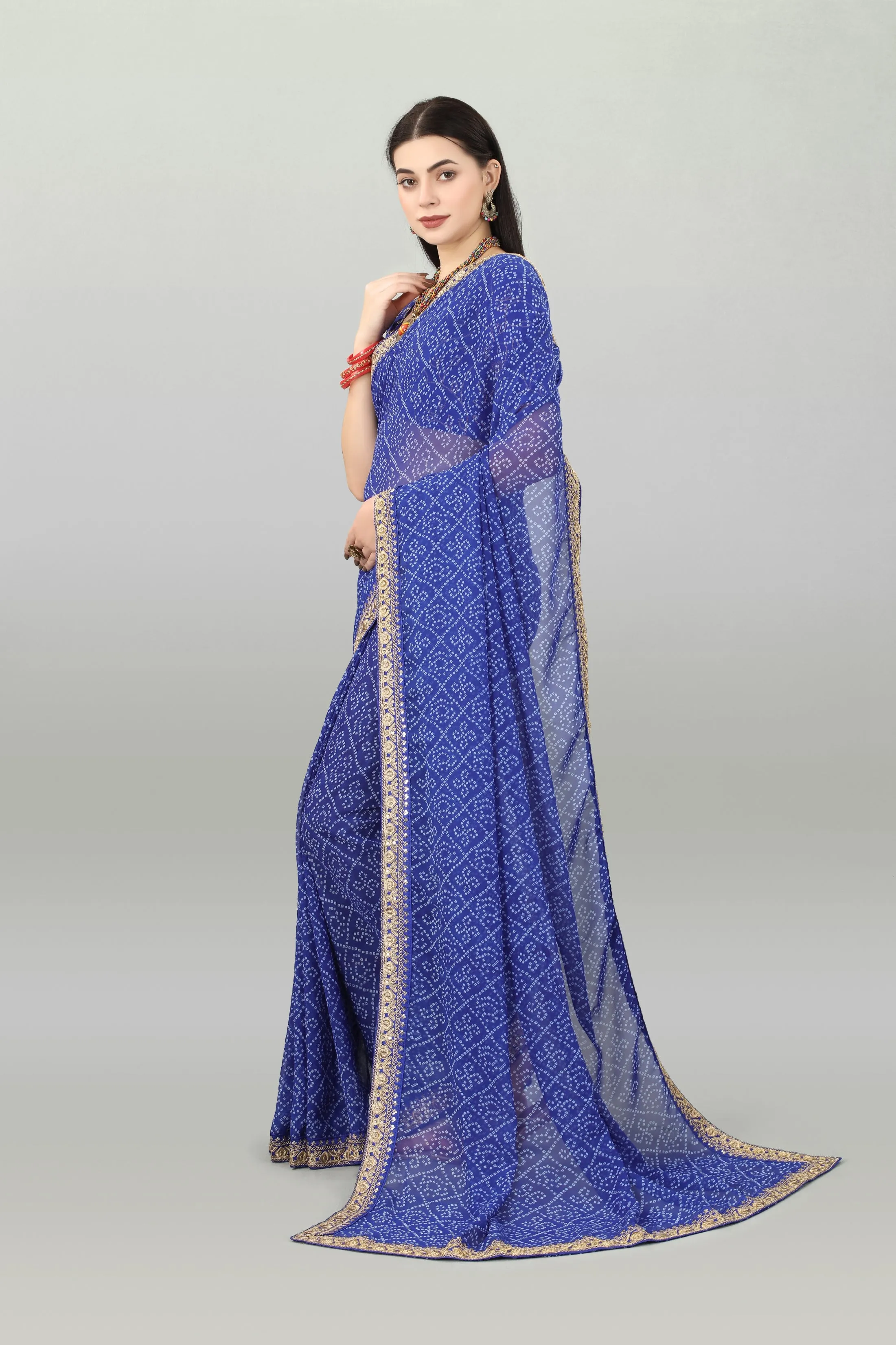 Women Party Wear Bandhani Printed Blue Colour Georgette Saree Collection